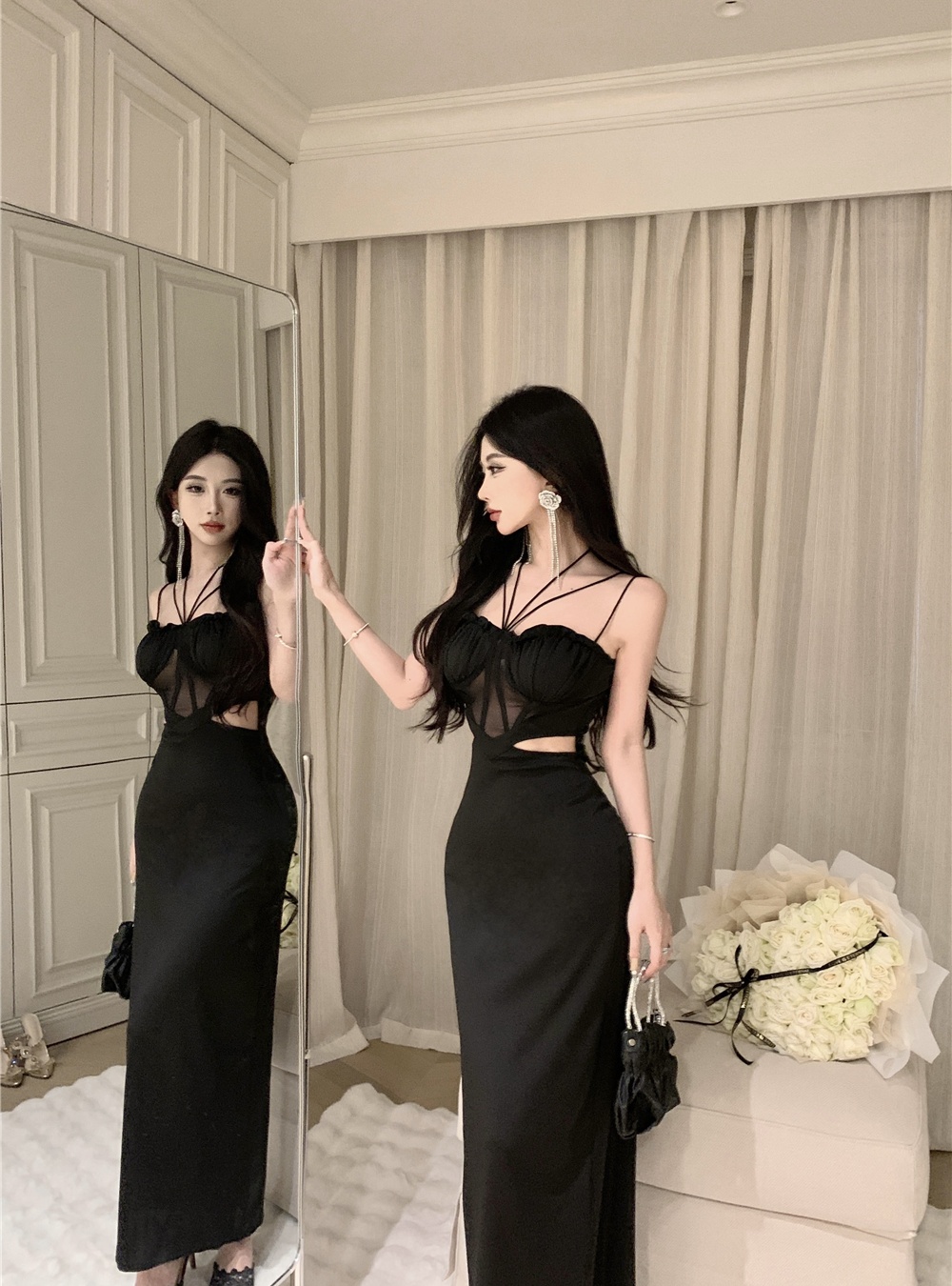 Enticement sexy dress bandage hollow long dress