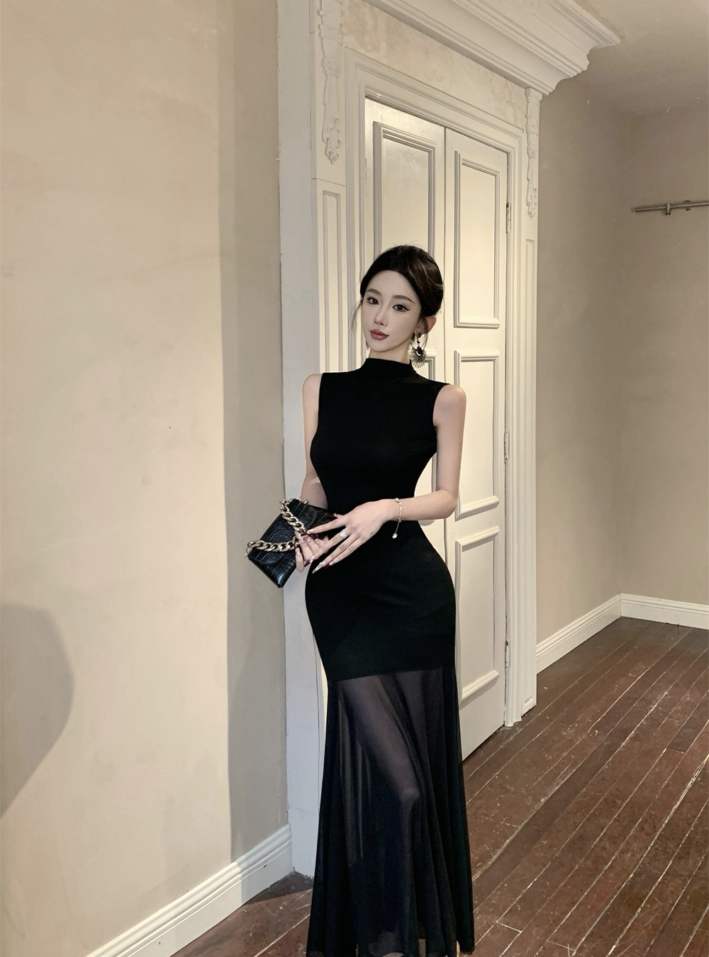 A-line slim France style dress black gauze long dress