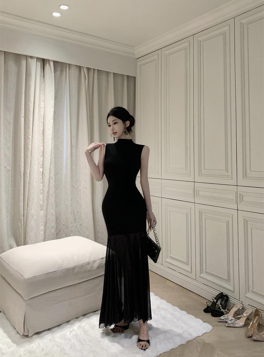 A-line slim France style dress black gauze long dress