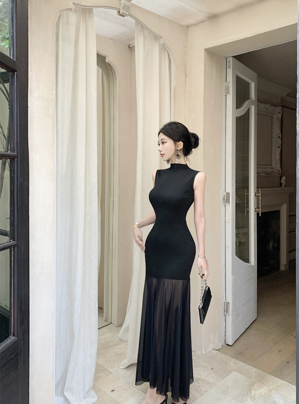 A-line slim France style dress black gauze long dress