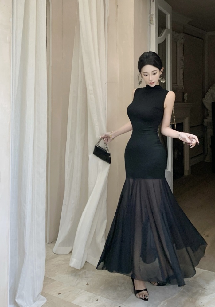 A-line slim France style dress black gauze long dress