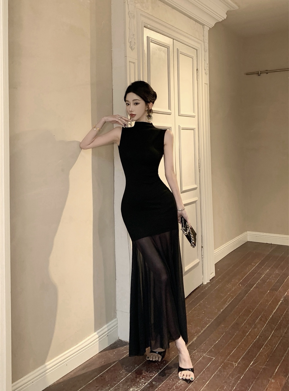 A-line slim France style dress black gauze long dress