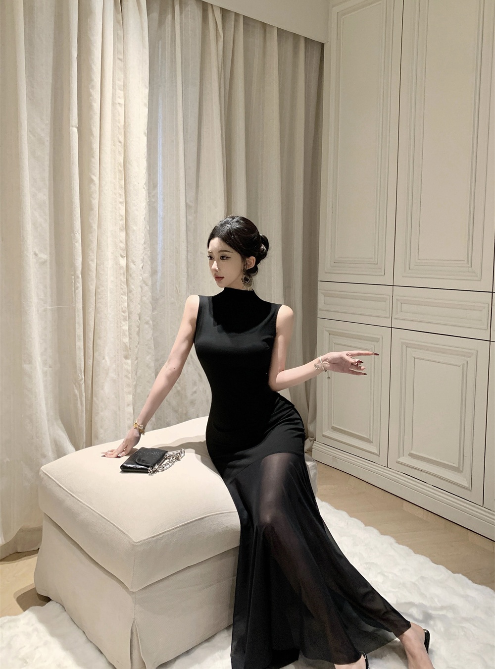 A-line slim France style dress black gauze long dress