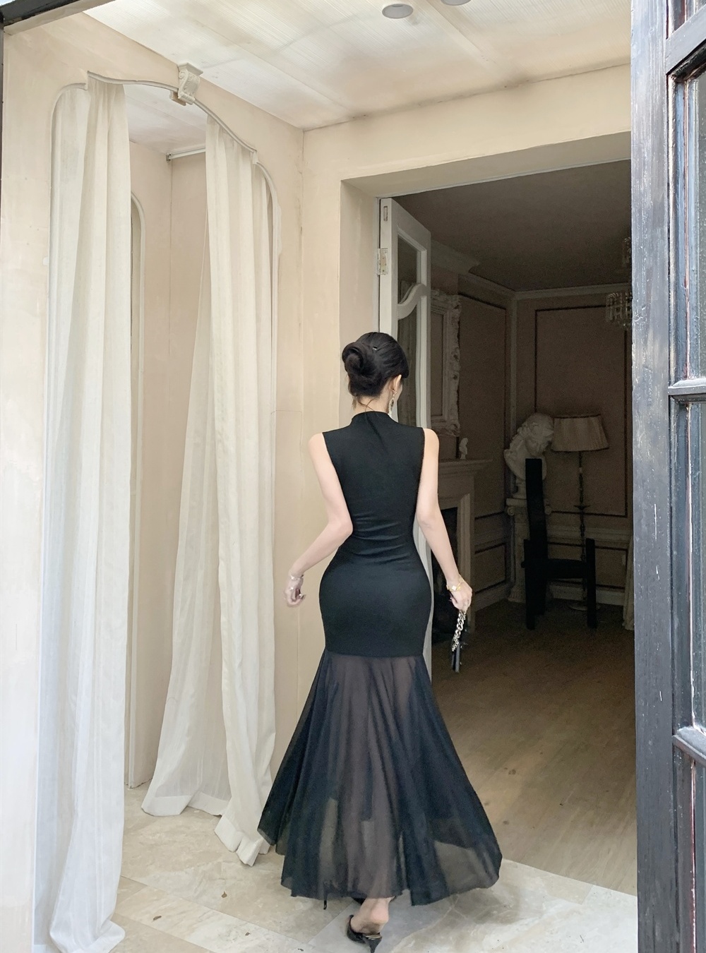 A-line slim France style dress black gauze long dress