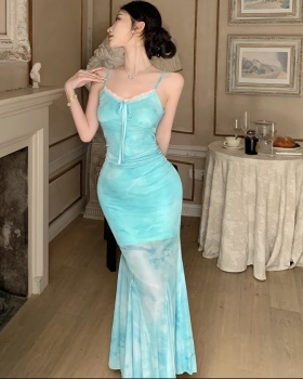 V-neck green gauze dress mermaid sling long dress