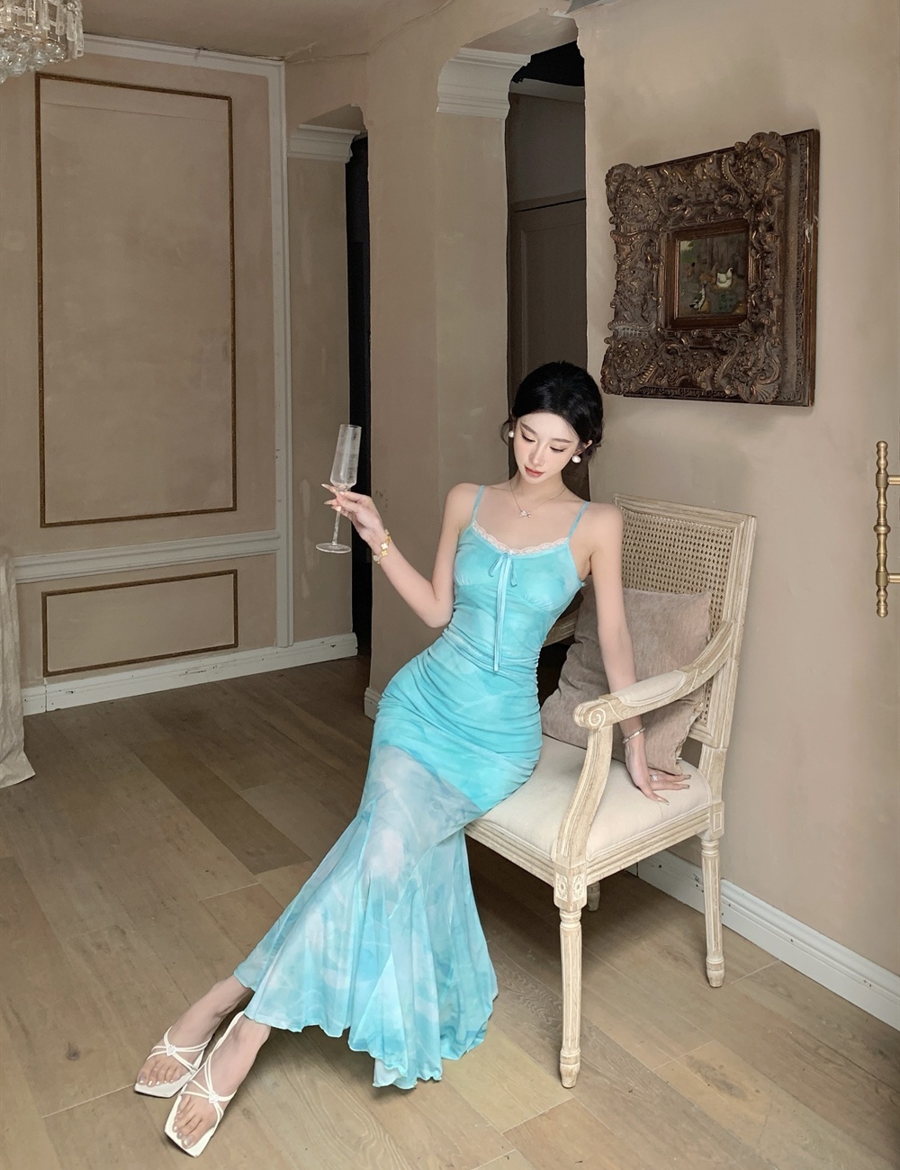 V-neck green gauze dress mermaid sling long dress