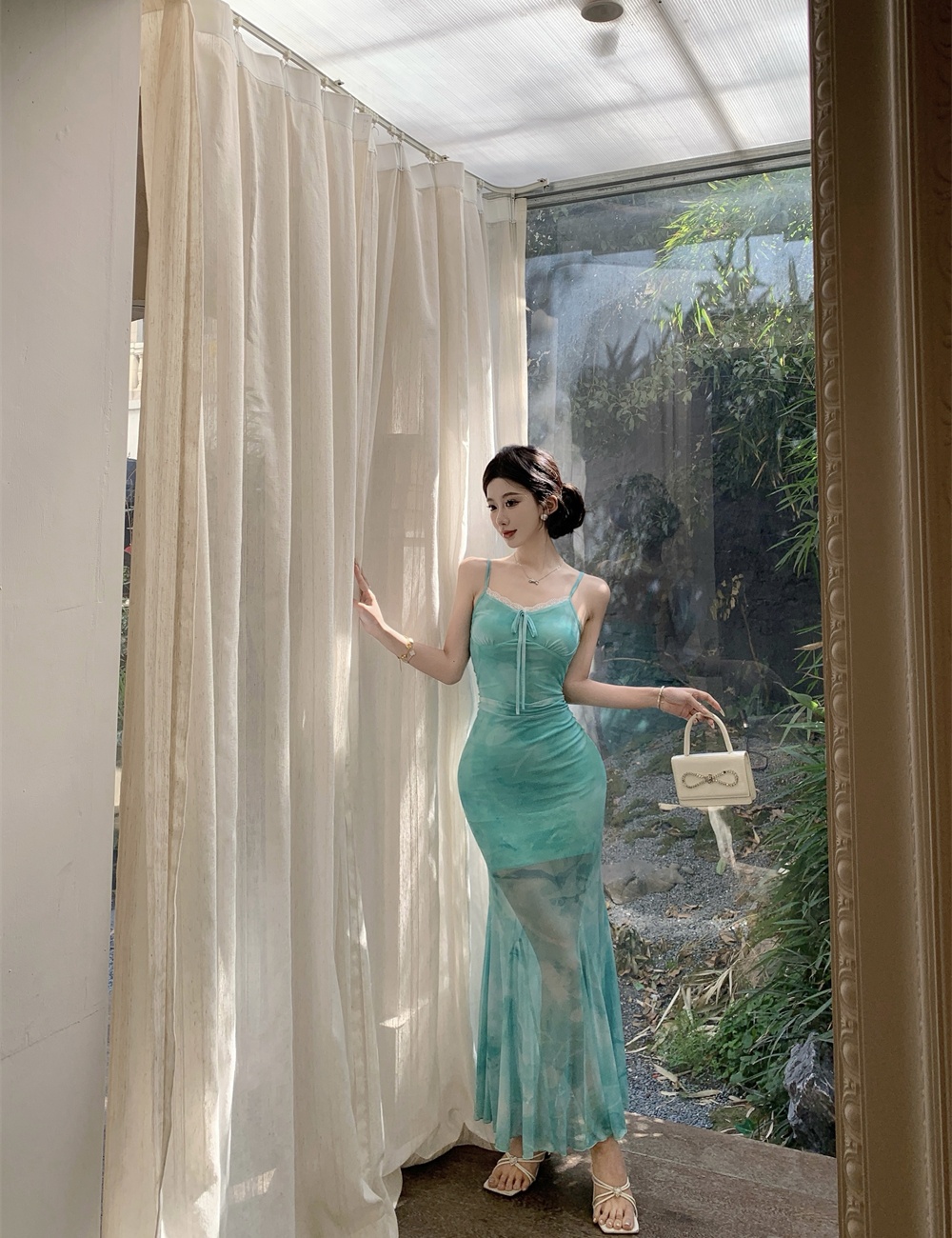 V-neck green gauze dress mermaid sling long dress