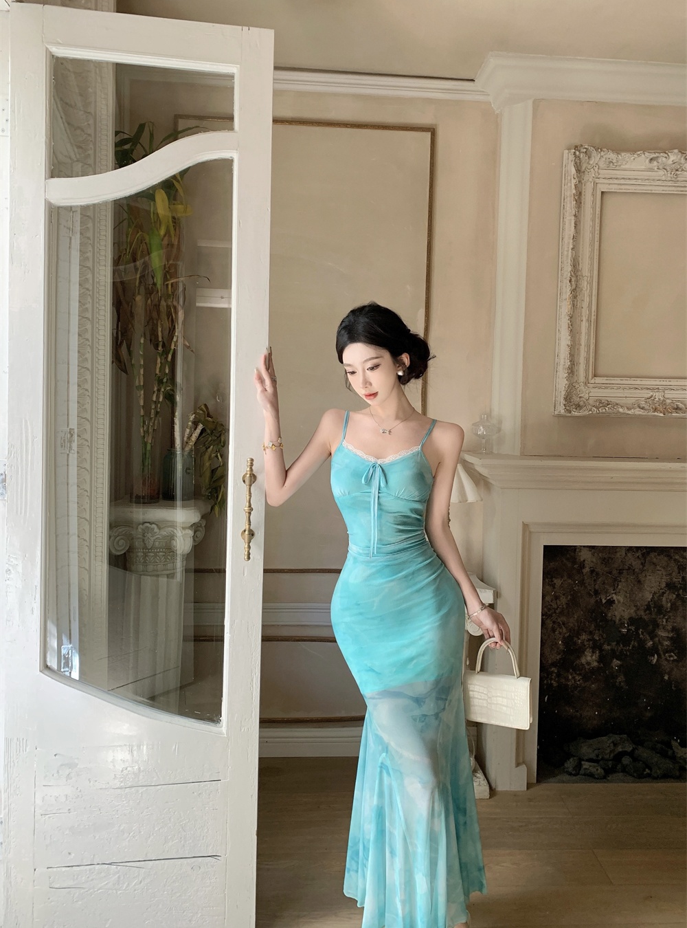 V-neck green gauze dress mermaid sling long dress