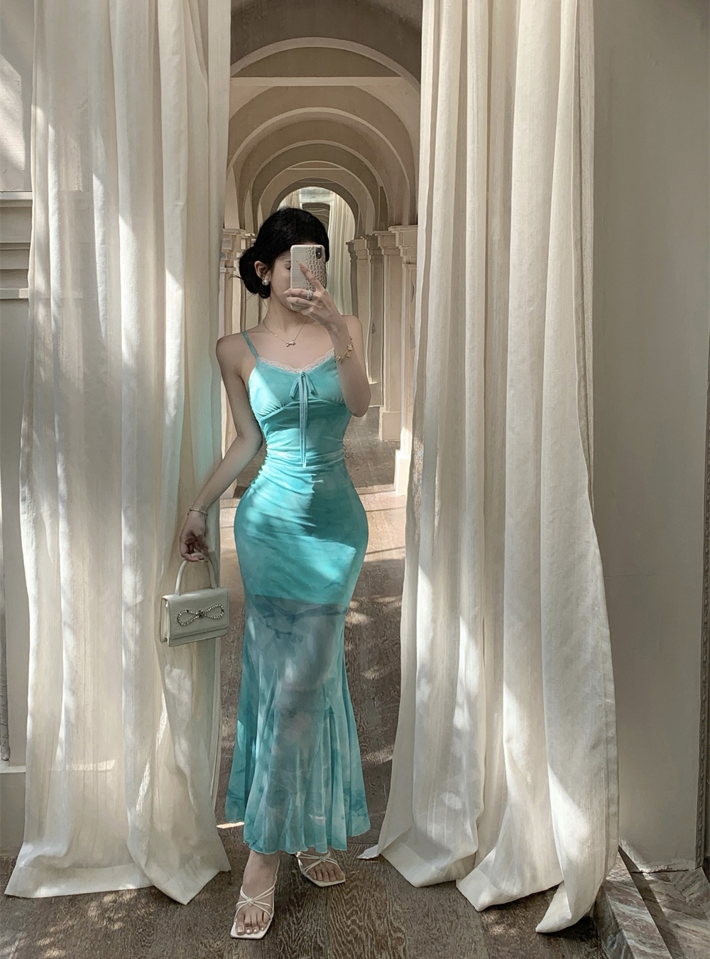 V-neck green gauze dress mermaid sling long dress