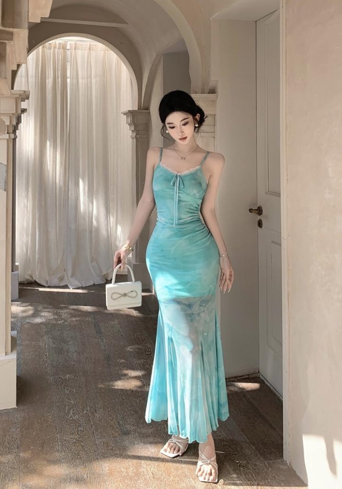 V-neck green gauze dress mermaid sling long dress