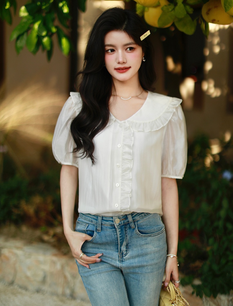 Sweet slim shirt summer doll collar tops for women