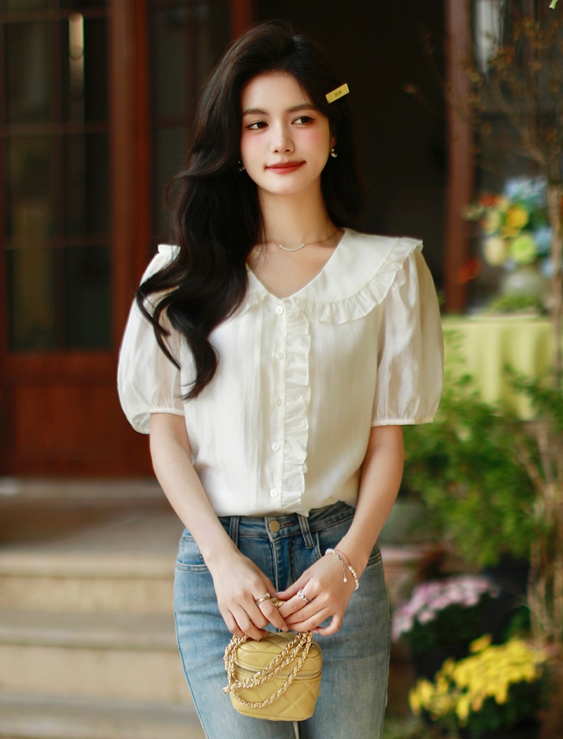 Sweet slim shirt summer doll collar tops for women