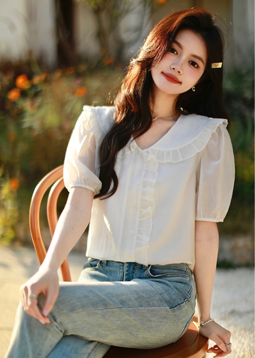 Sweet slim shirt summer doll collar tops for women