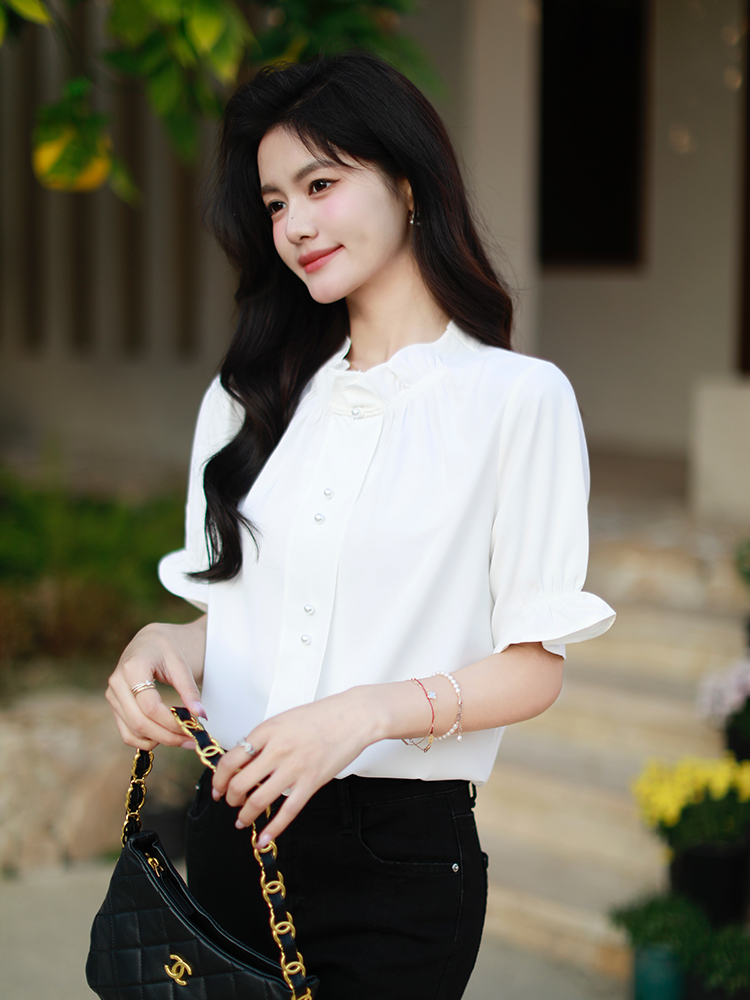 V-neck shirt lotus leaf edges tops for women