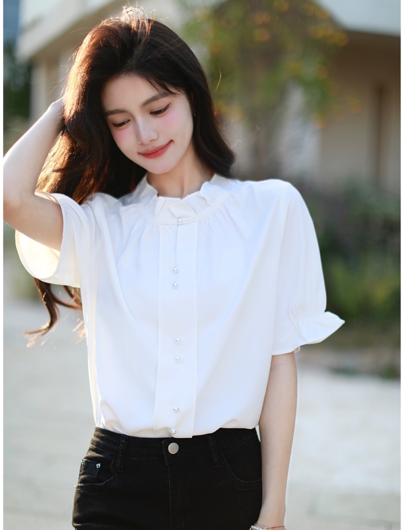 V-neck shirt lotus leaf edges tops for women