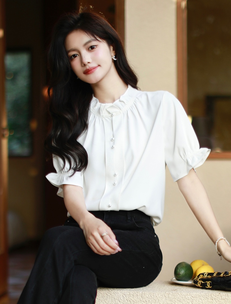 V-neck shirt lotus leaf edges tops for women