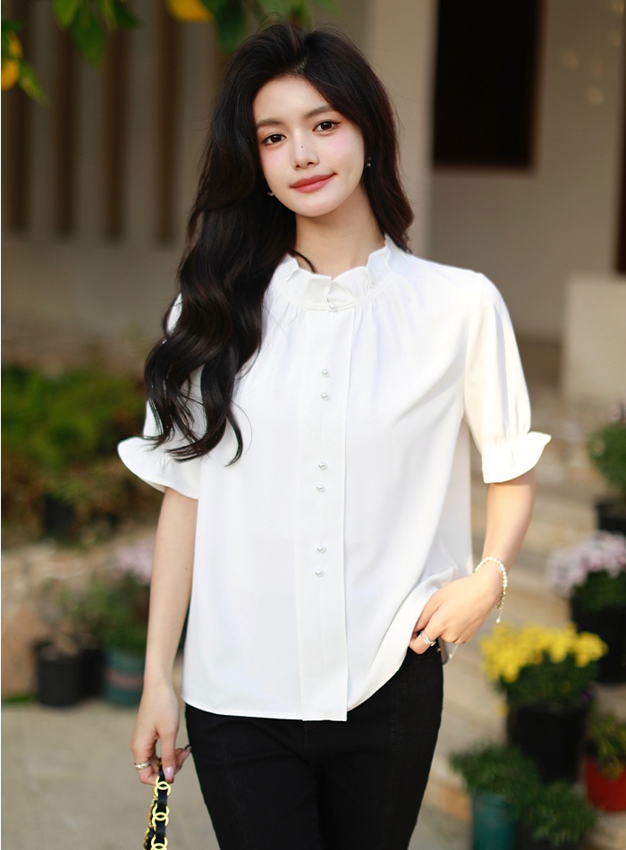 V-neck shirt lotus leaf edges tops for women