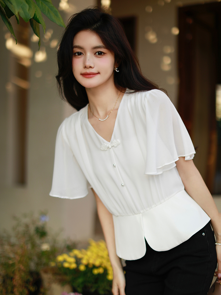 Short summer shirt slim chiffon shirt for women