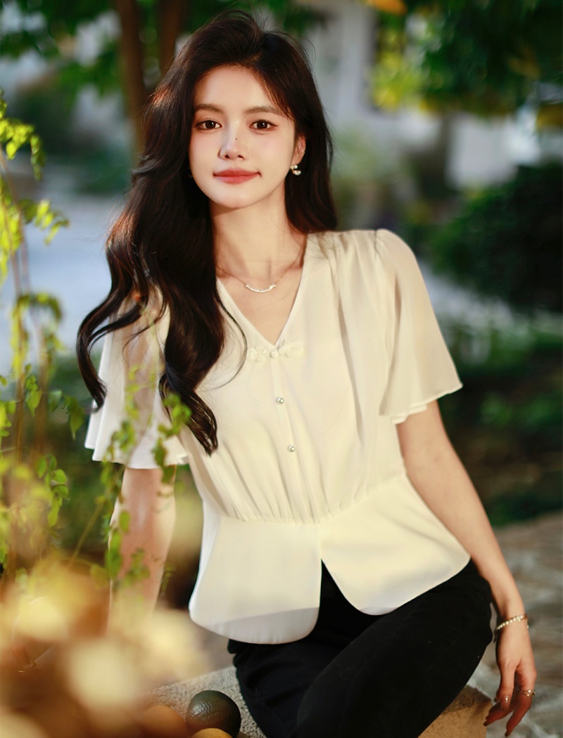 Short summer shirt slim chiffon shirt for women