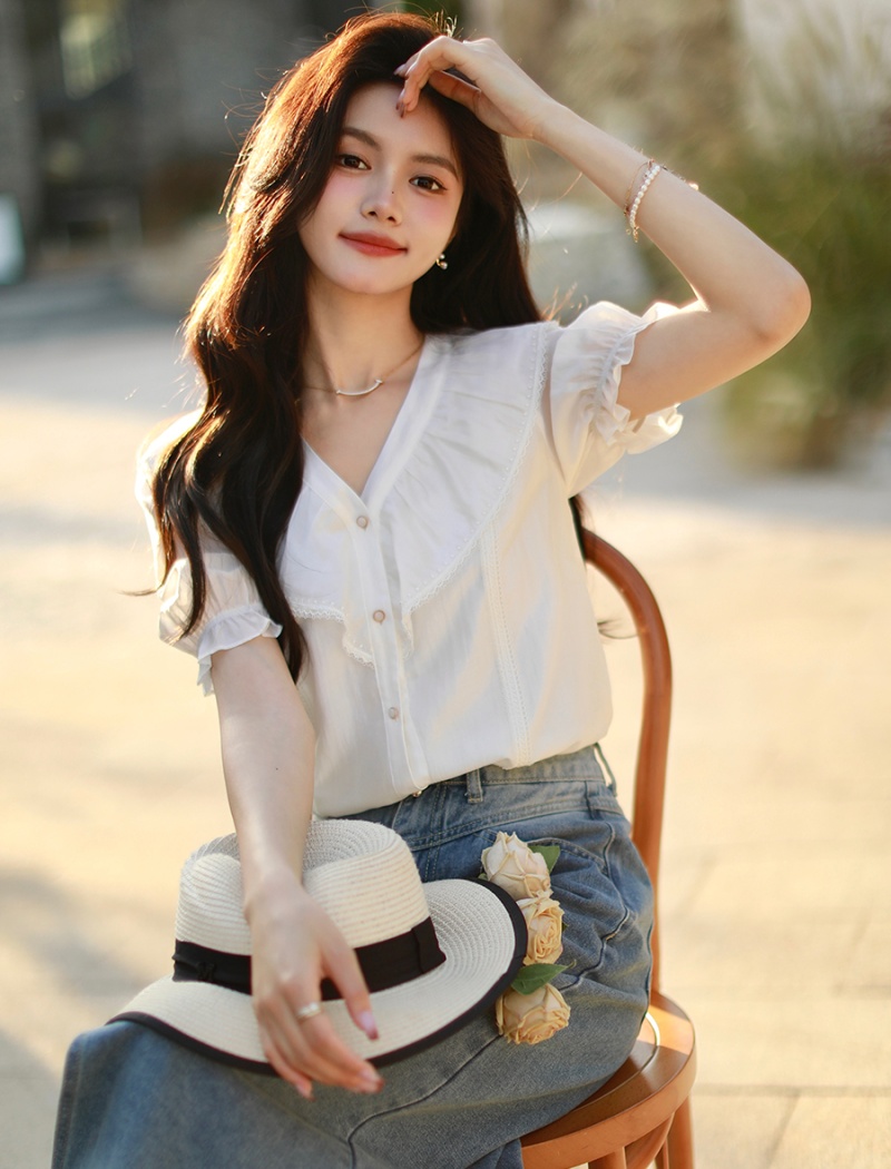 V-neck puff sleeve tops white summer shirt for women