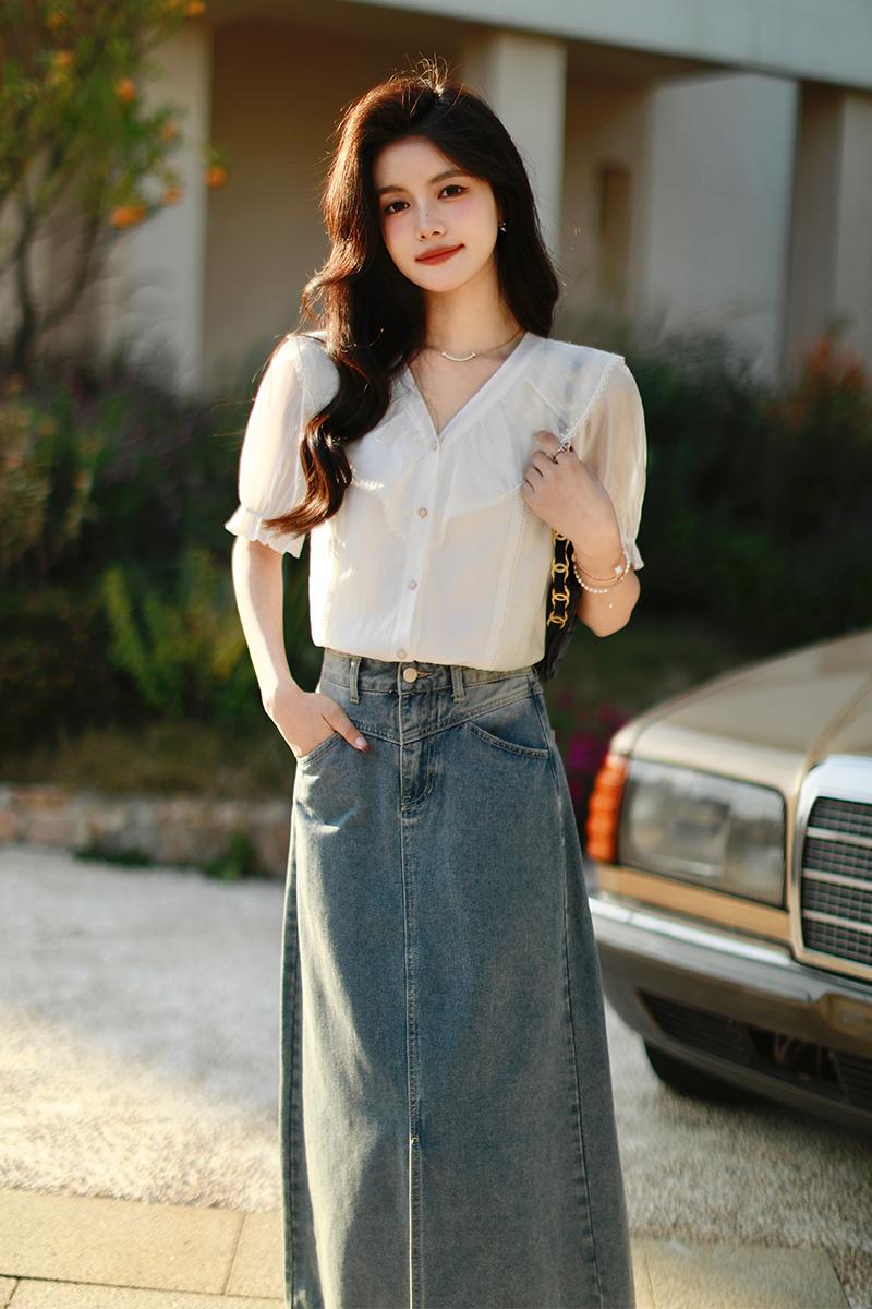 V-neck puff sleeve tops white summer shirt for women