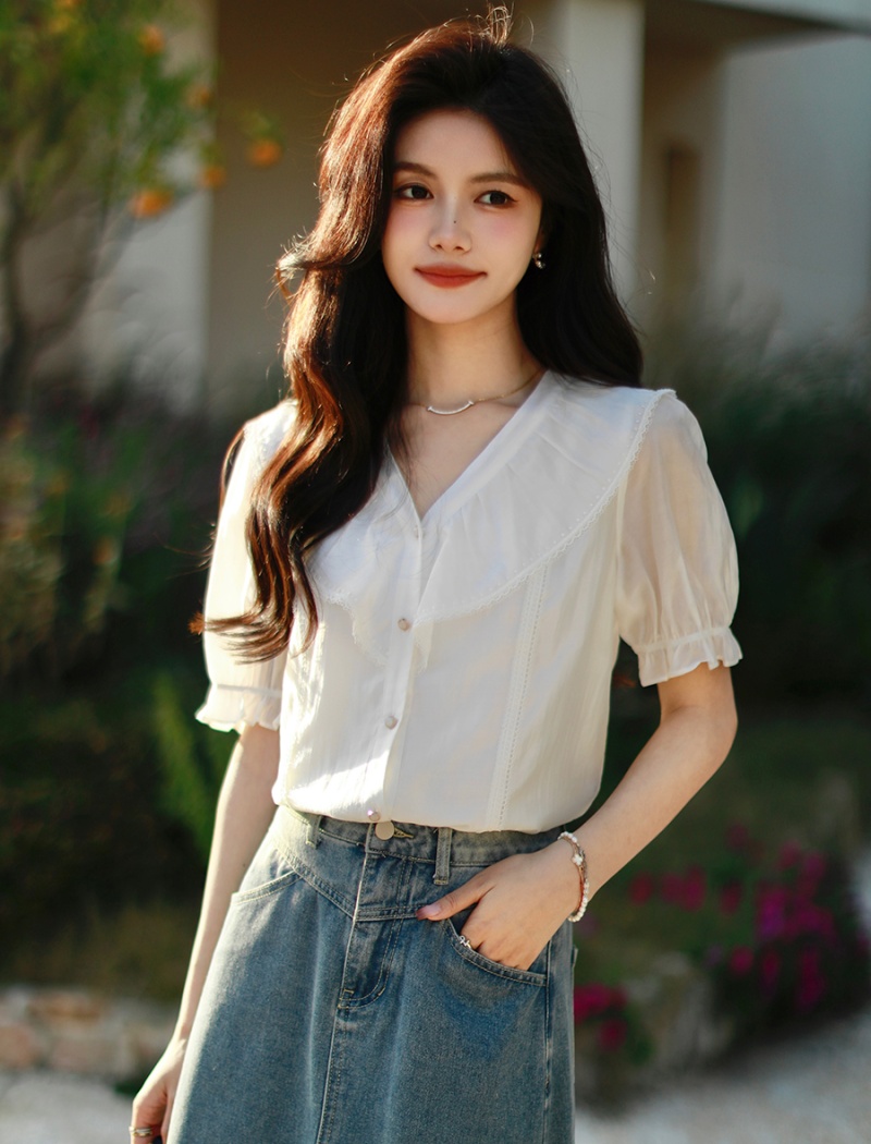 V-neck puff sleeve tops white summer shirt for women