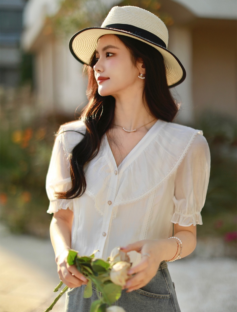 V-neck puff sleeve tops white summer shirt for women