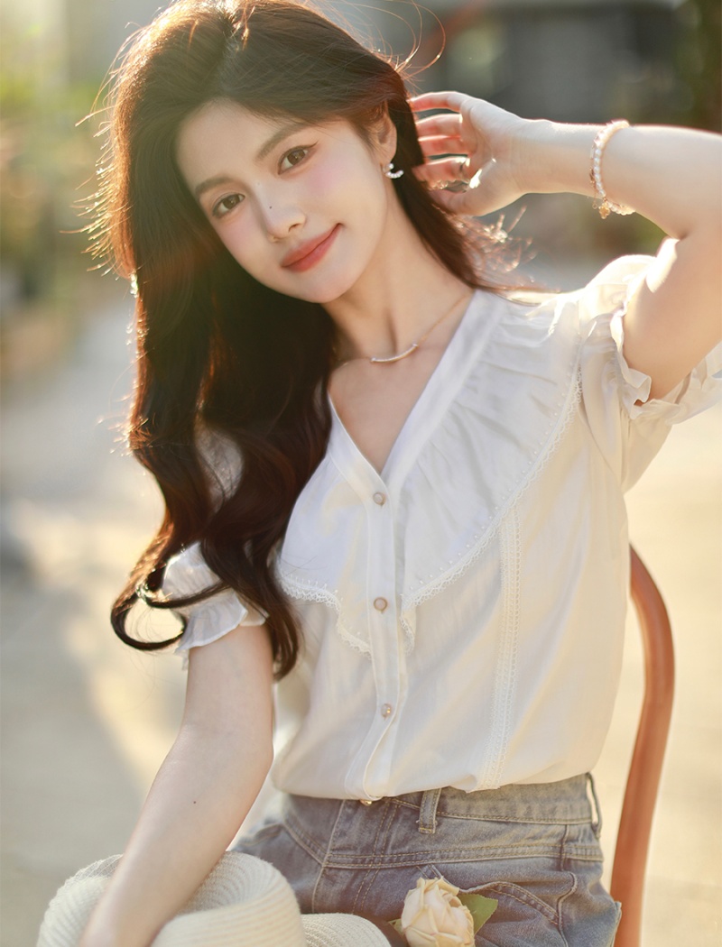 V-neck puff sleeve tops white summer shirt for women