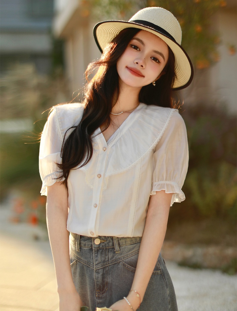 V-neck puff sleeve tops white summer shirt for women