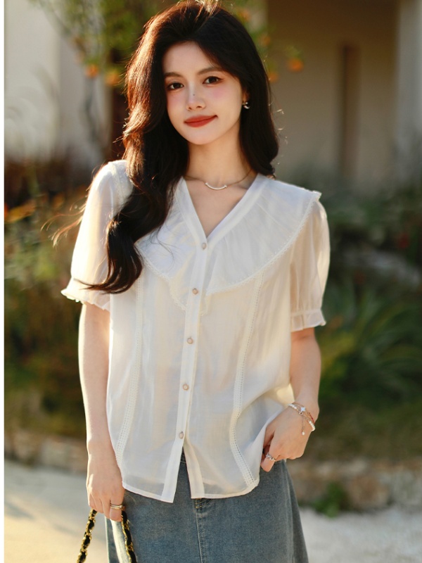 V-neck puff sleeve tops white summer shirt for women