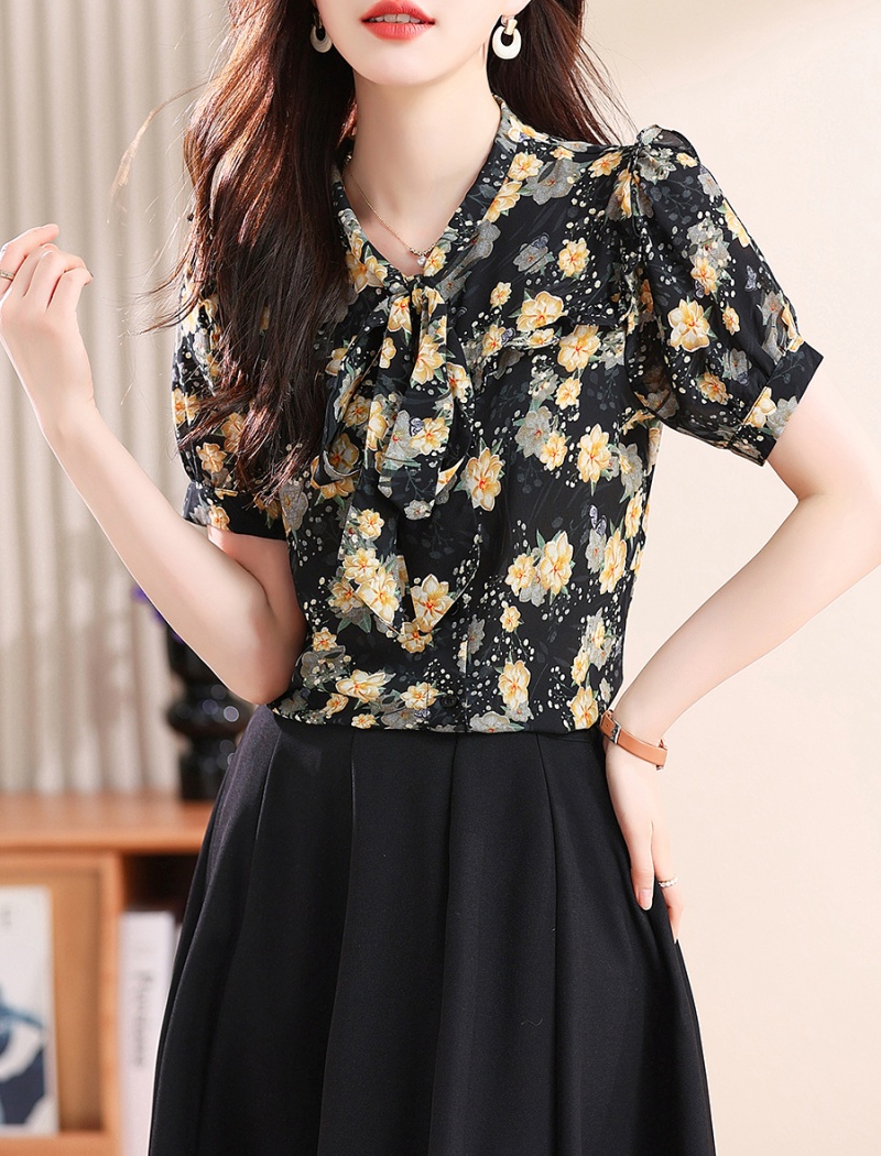 Short sleeve chiffon streamer shirt summer V-neck tops