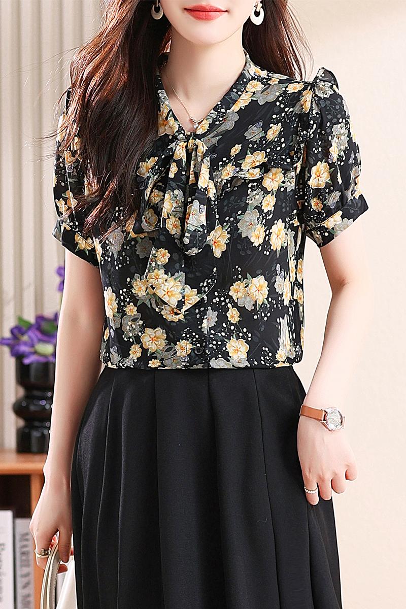 Short sleeve chiffon streamer shirt summer V-neck tops