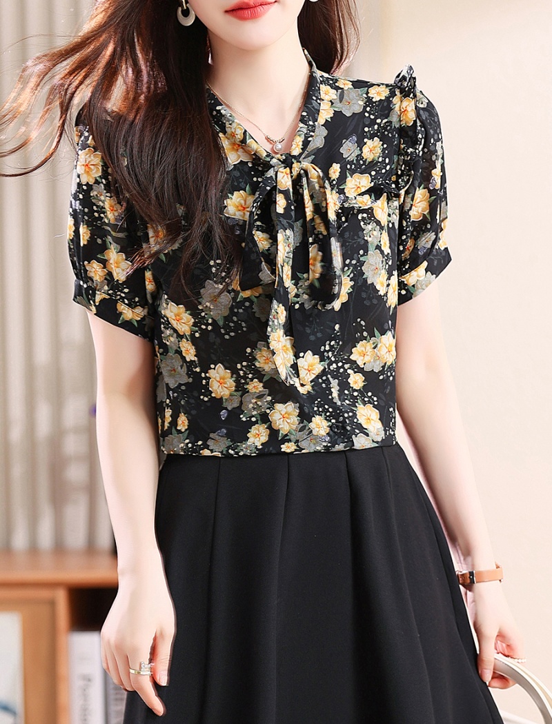 Short sleeve chiffon streamer shirt summer V-neck tops