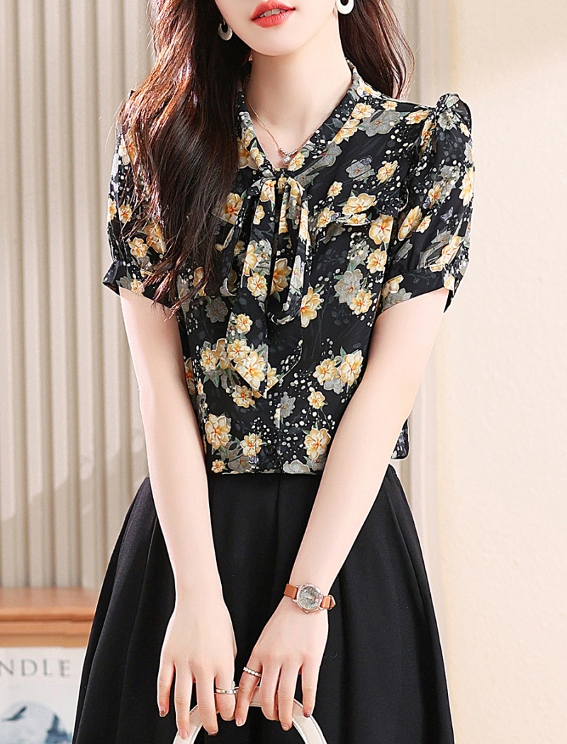 Short sleeve chiffon streamer shirt summer V-neck tops