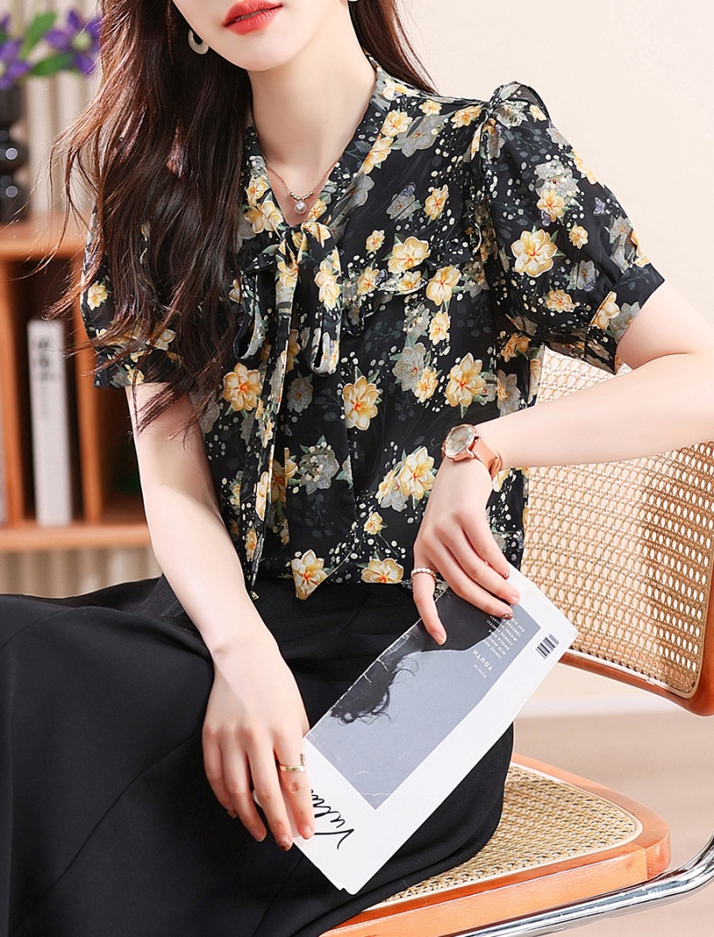 Short sleeve chiffon streamer shirt summer V-neck tops