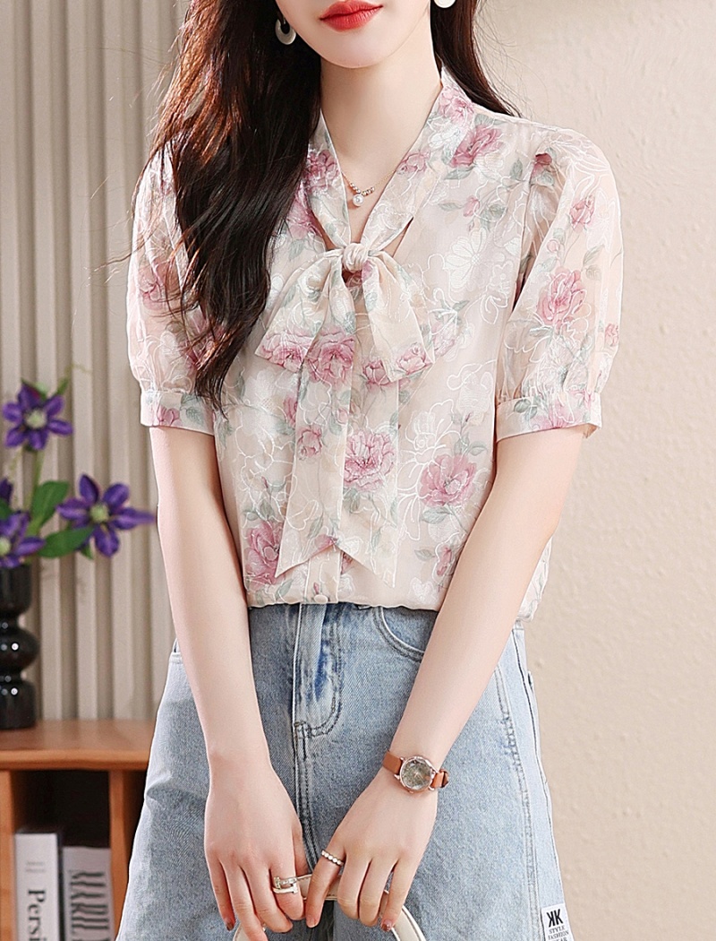 Embroidered puff sleeve shirt summer tops for women