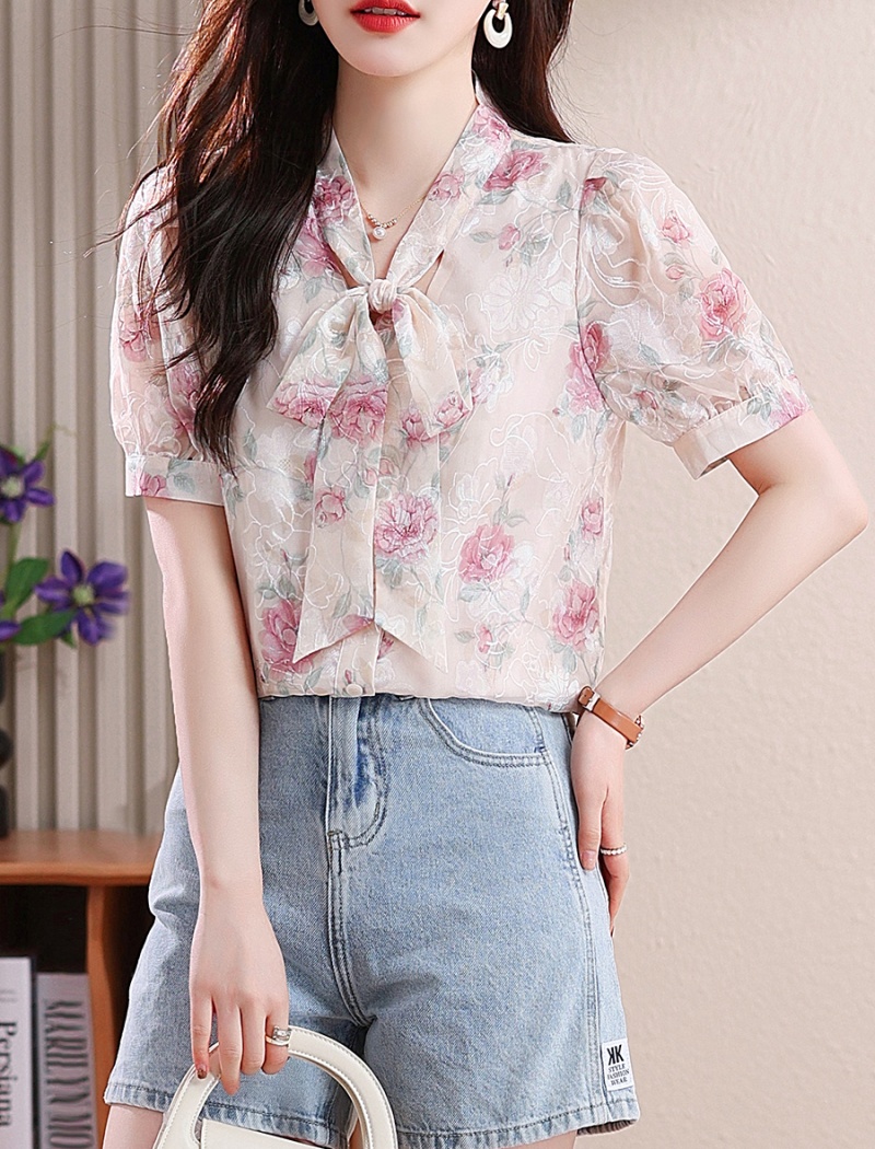 Embroidered puff sleeve shirt summer tops for women