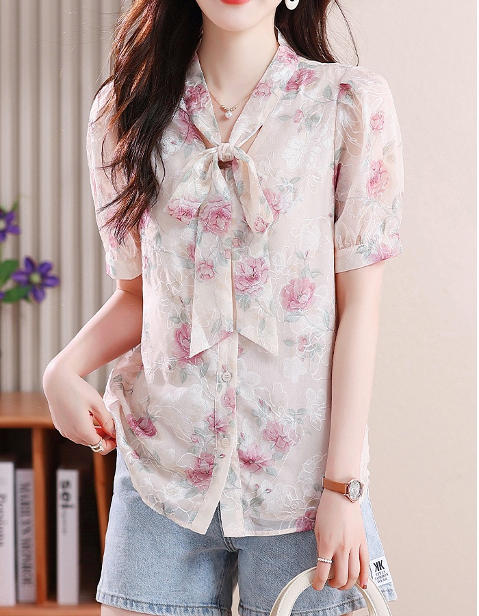 Embroidered puff sleeve shirt summer tops for women