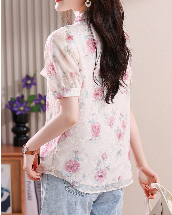 Embroidered puff sleeve shirt summer tops for women