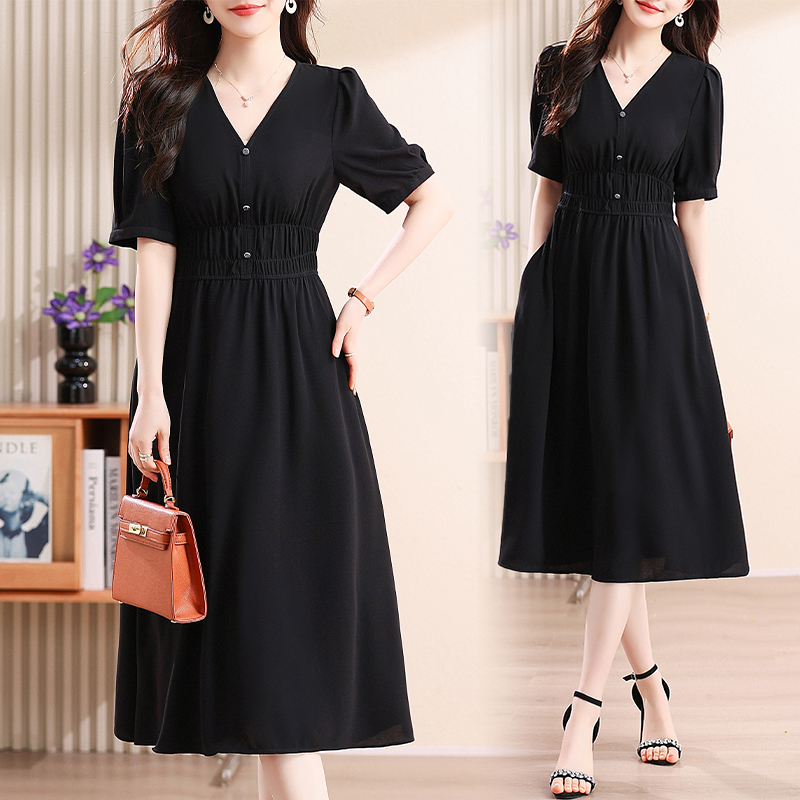 V-neck summer slim pinched waist short sleeve dress