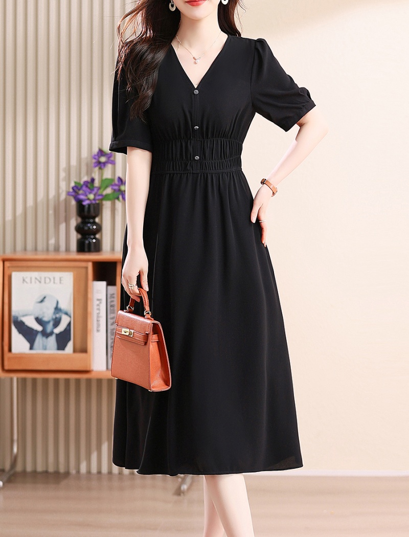 V-neck summer slim pinched waist short sleeve dress