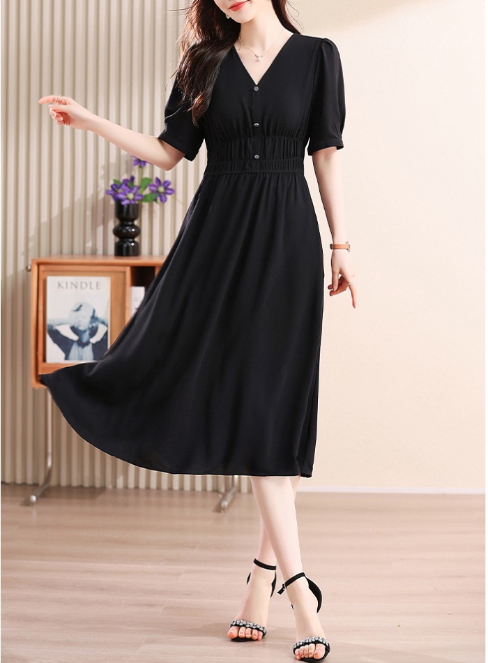 V-neck summer slim pinched waist short sleeve dress