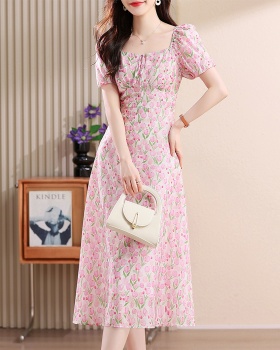 Summer floral chiffon square collar dress for women