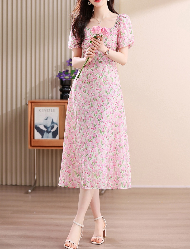 Summer floral chiffon square collar dress for women