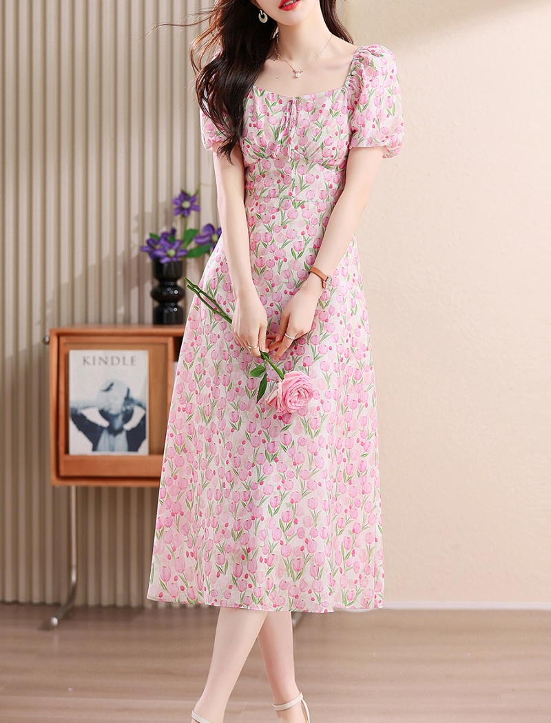 Summer floral chiffon square collar dress for women