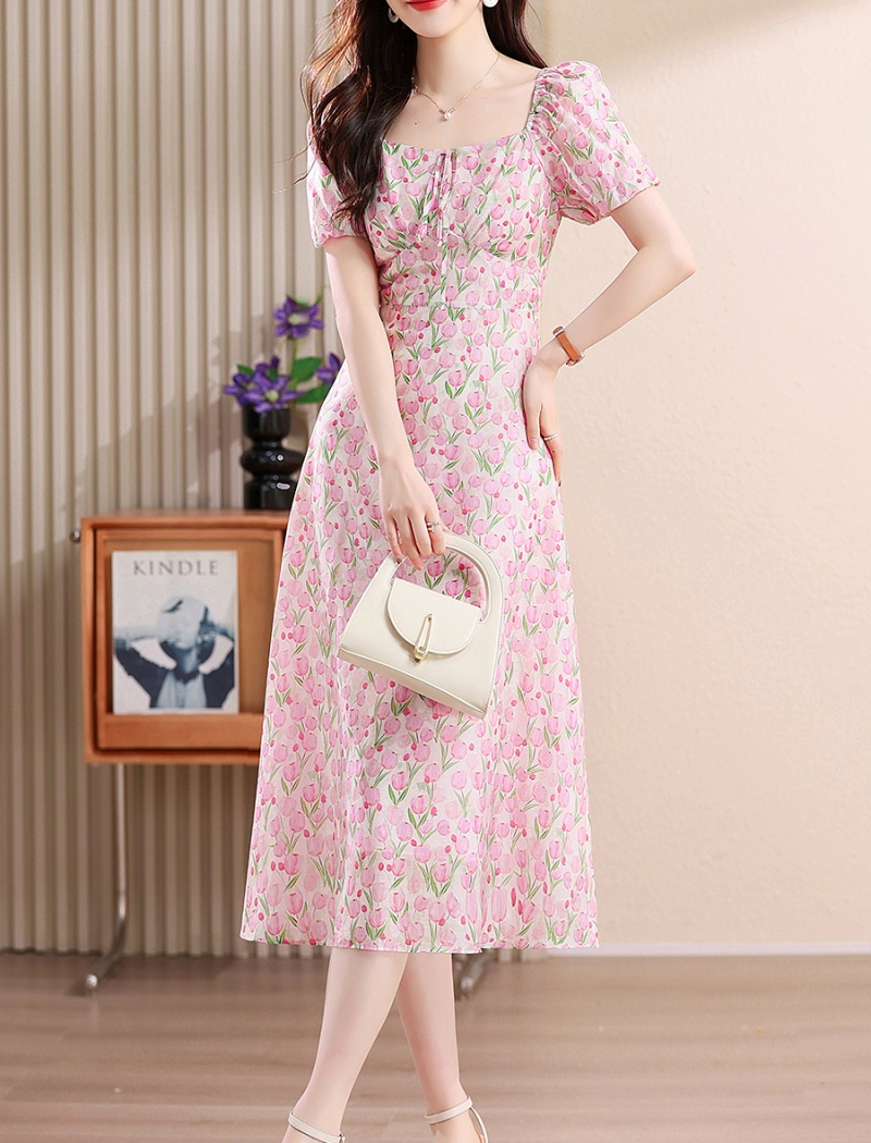 Summer floral chiffon square collar dress for women