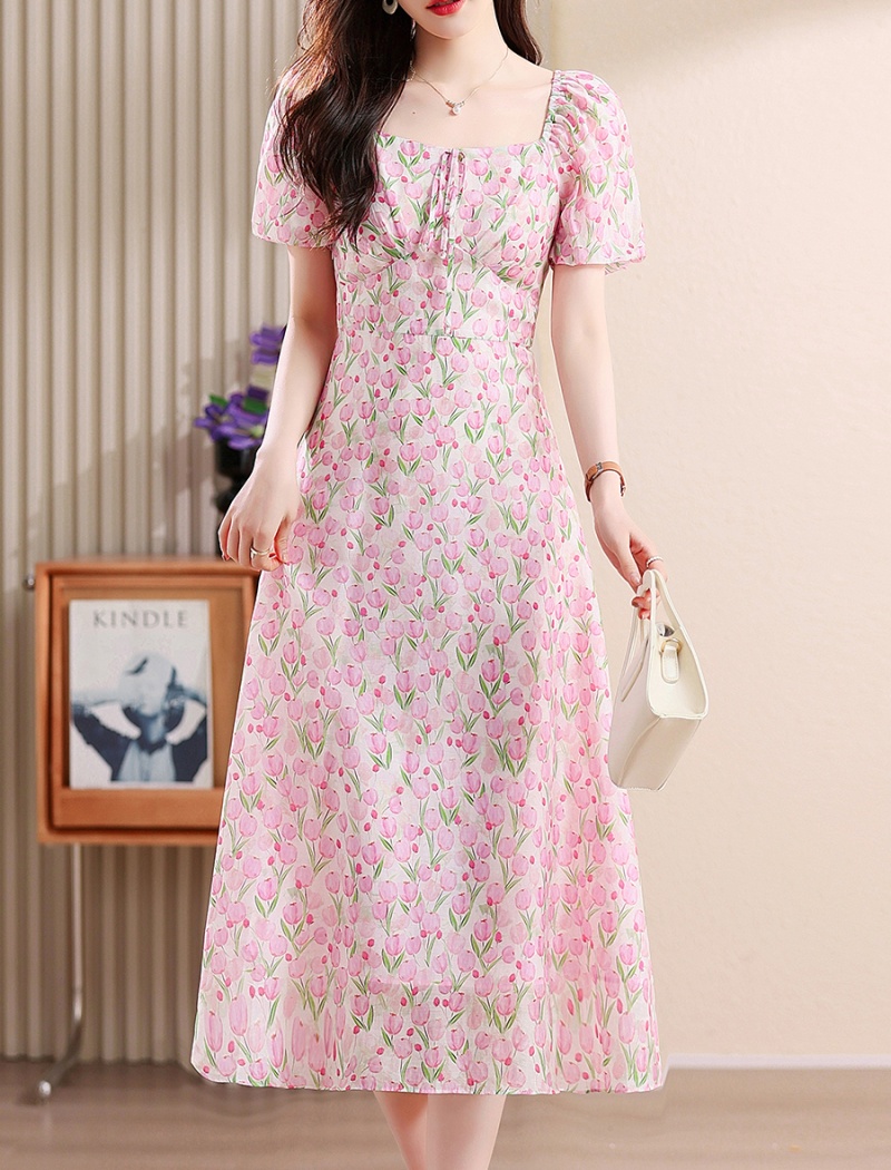 Summer floral chiffon square collar dress for women