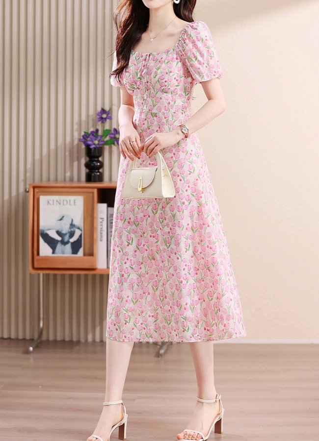 Summer floral chiffon square collar dress for women