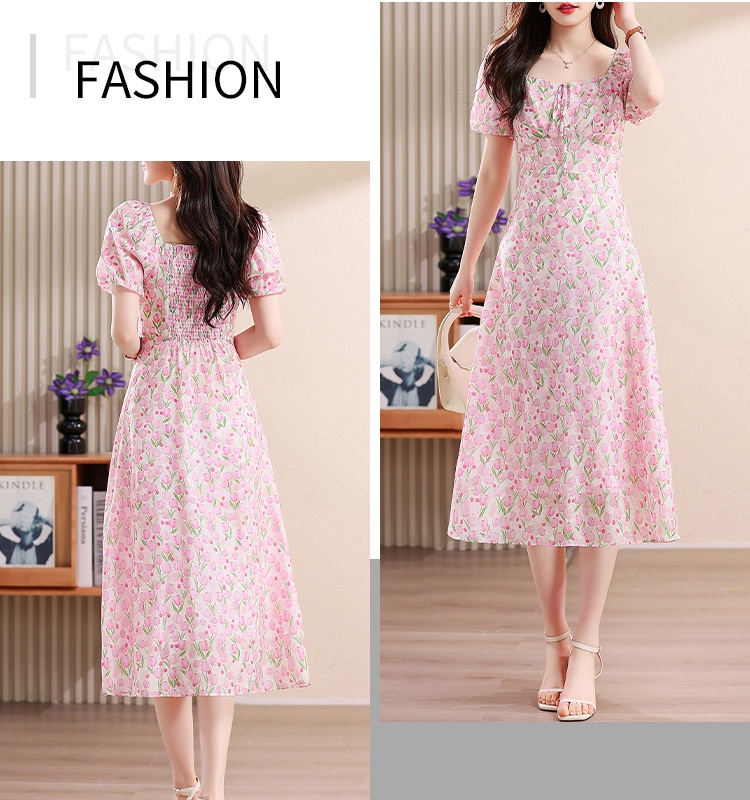 Summer floral chiffon square collar dress for women