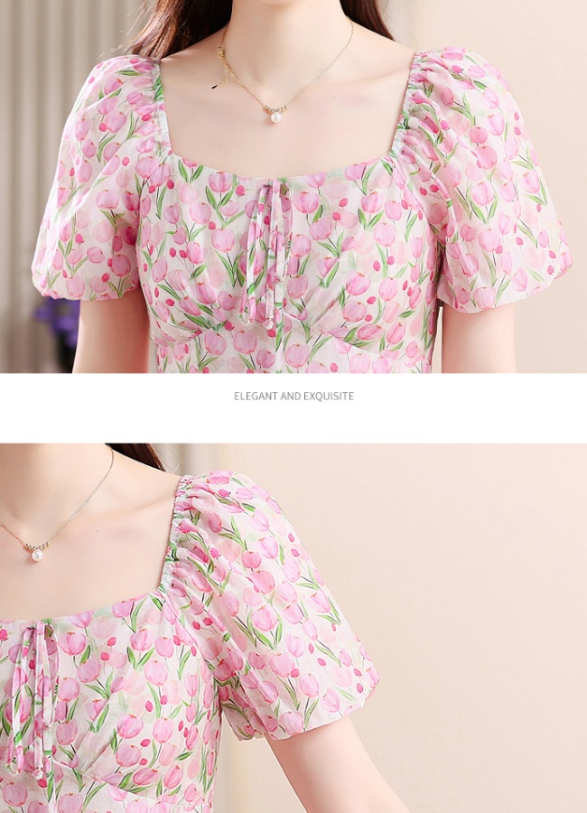 Summer floral chiffon square collar dress for women